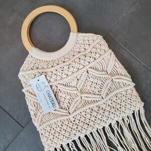 Vintage Chateau Cream Crochet Beaded Boho Handbag Purse NWT Wooden Handle